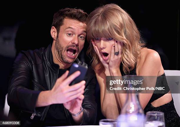 IHEARTRADIO MUSIC AWARDS -- Pictured: TV/radio personality Ryan Seacrest and recording artist Taylor Swift pose for a selfie photo at the iHeartRadio...