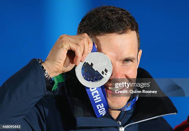 Silver medalist Christof Innerhofer of Austria celebrates during the medal ceremony for the Alpine Skiing Mens Downhill on day 2 of the Sochi 2014...