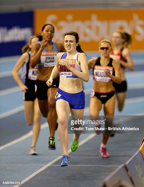 Laura Muir of Victoria Park on her way to winning the Womens 800m final during day 2 of the Sainsbury's British Athletics Indoor Championships at the...