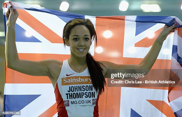 Katarina Johnson Thompson celebrates winning the Womens Long Jump Final during Day 2 of the Sainsbury's British Athletics Indoor Championships at the...