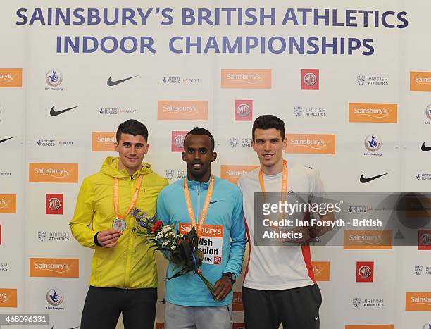Mukhtar Mohammed of Sheffield poses for a picture with his gold medal with Guy Learmouth of Lasswade who won silver and Paul Goodall of City of...