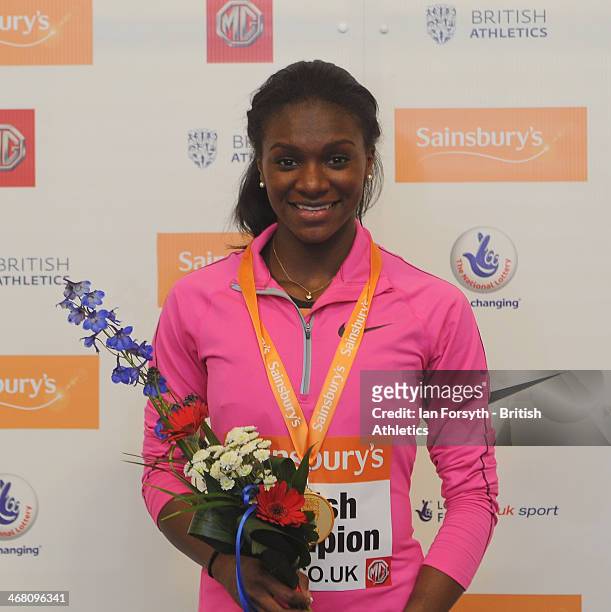 Dina Asher-Smith of Blackheath and Bromley poses for a picture with her gold medal after winning the women's 200m at the Sainsbury's British...