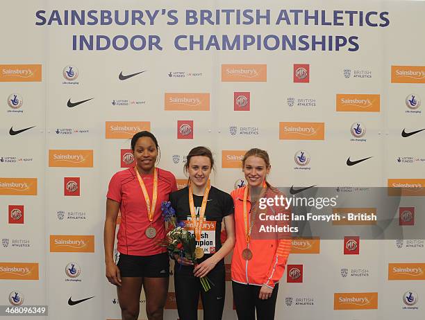 Laura Muir of Victoria Park Glasgow poses for a picture with her gold medal along with Shelayna Oskan-Clarke of Hounslow who won silver and Katie...