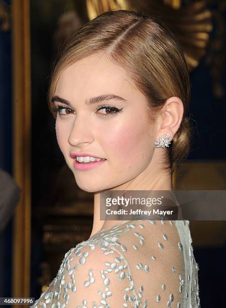 Actress Lily James arrives at the World Premiere of Disney's 'Cinderella' at the El Capitan Theatre on March 1, 2015 in Hollywood, California.