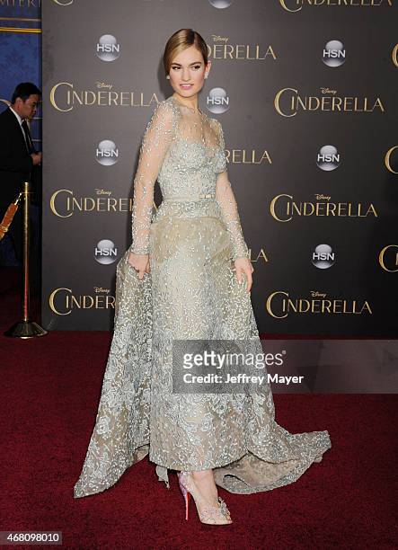 Actress Lily James arrives at the World Premiere of Disney's 'Cinderella' at the El Capitan Theatre on March 1, 2015 in Hollywood, California.