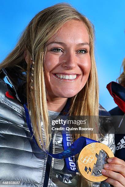 Gold medalist Jamie Anderson of the United States celebrates during the medal ceremony for the Women's Snowboard Slopestyle Finals on 2 of the Sochi...