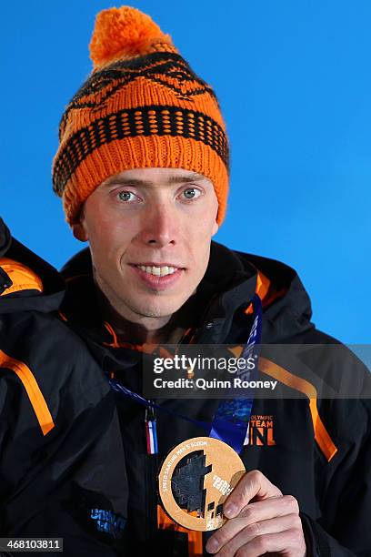 Bronze medalist Jorrit Bergsma of the Netherlands celebrates during the medal ceremony for the Men's 5000m Speed Skating on day 2 of the Sochi 2014...