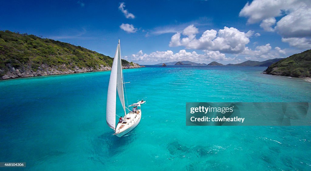 Aerial view of a sloop sailing through the Caribbean