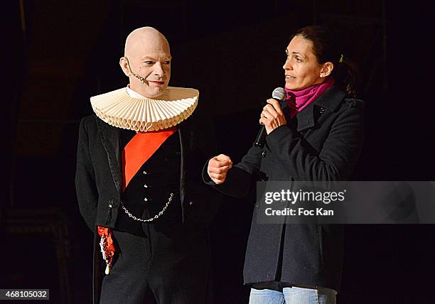 Adeline Blondieau and show presenter attend the Concert Cirque In Benefit Of 'Cameleon' Abused Children Care Association At Circus School ENACR Of...