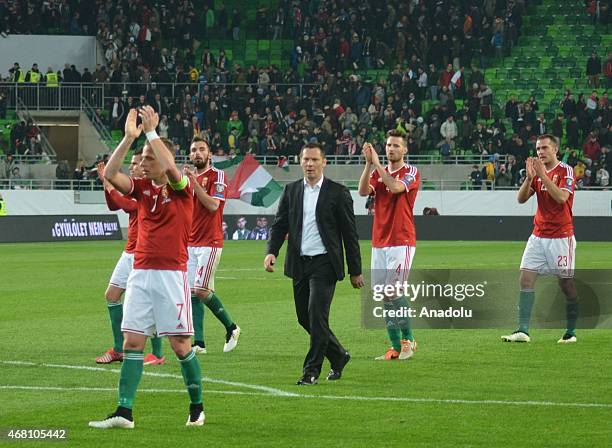 Hungarian head coach Pal Dardai is seen during the Euro 2016 qualification soccer match between Hungary and Greece at Groupama Aréna in Budapest,...