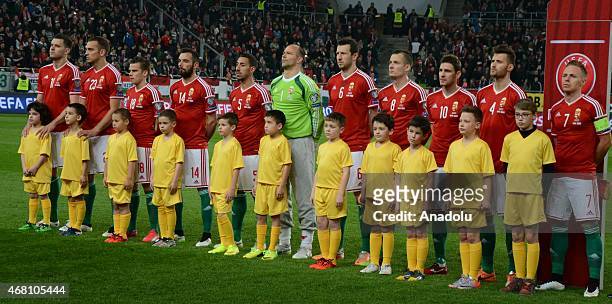 Hungarian national team pose before the Euro 2016 qualification soccer match between Hungary and Greece at Groupama Aréna in Budapest, March 29, 2015.