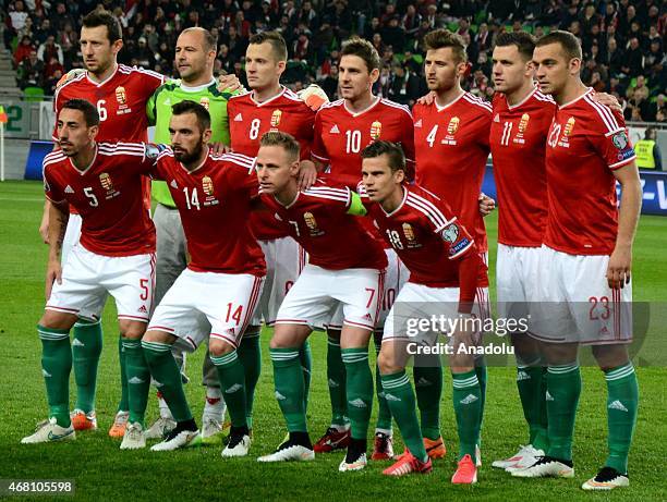 Hungarian national team pose before the Euro 2016 qualification soccer match between Hungary and Greece at Groupama Aréna in Budapest, March 29, 2015.