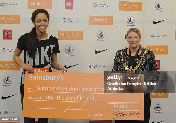 The Lord Mayor of Sheffield, Councillor Vickie Priestly presents a cheque to Katarina Johnson Thompson of Liverpool Harriers for the Performance of...