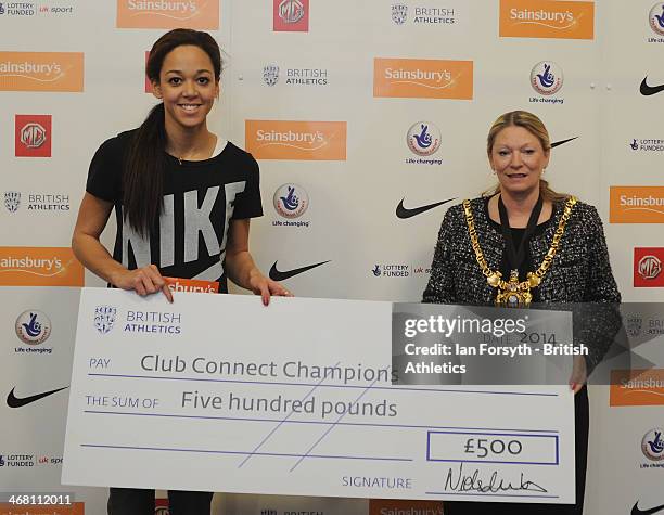 The Lord Mayor of Sheffield, Councillor Vickie Priestly presents a cheque for the Winning Club Connect Awards to Katarina Johnson Thompson of...