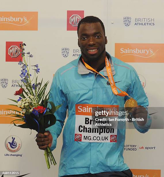 Nigel Levine of WSE Hounslow poses for a picture with his gold medal after winning the men's 400m final at the Sainsbury's British Athletics Indoor...