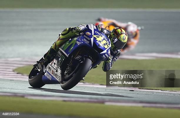 Italy's Valentiono Rossi competes during the first race of the season at the Motorcycling Grand Prix of Qatar at Lusail International Circuit in...