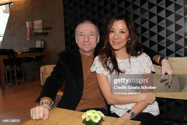 Jean Todt and Michelle Yeoh attend the AUDI Lounge at the Marlene Dietrich Platz during day 4 of the Berlinale International Film Festival on on...