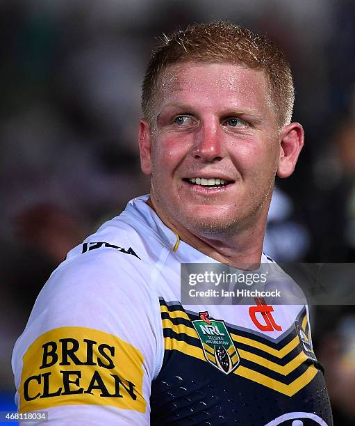 Ben Hannant of the Cowboys smiles after winning the round four NRL match between the North Queensland Cowboys and the Melbourne Storm at 1300SMILES...