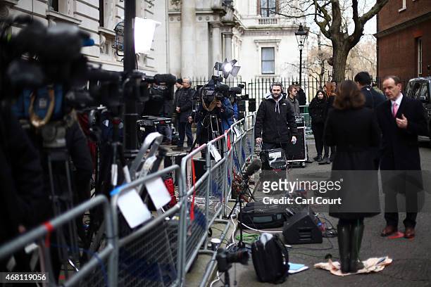 Members of the media gather in Downing Street on March 30, 2015 in London, England. Campaigning in what is predicted to be Britain's closest national...