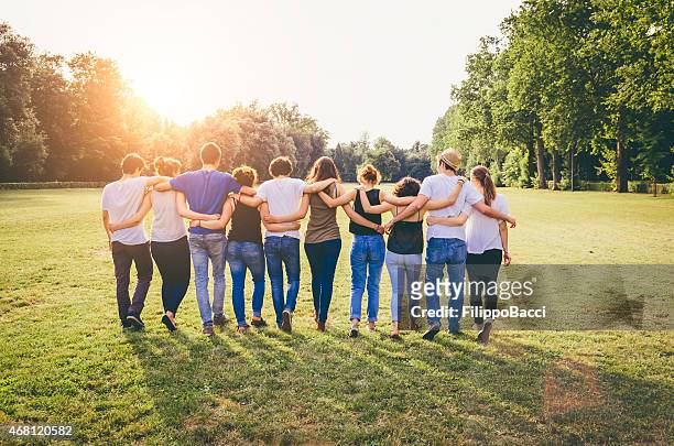 group of friends walking together - harmonie stockfoto's en -beelden