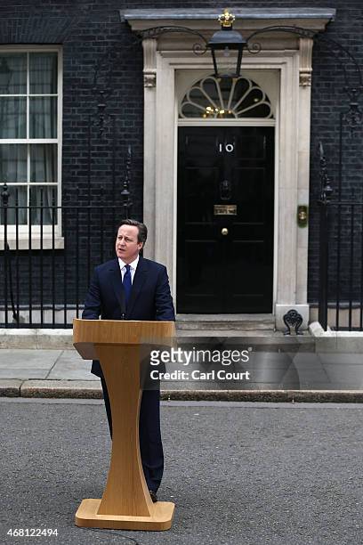 British Prime Minister David Cameron speaks in front of 10 Downing Street after meeting with Queen Elizabeth II on March 30, 2015 in London, England....