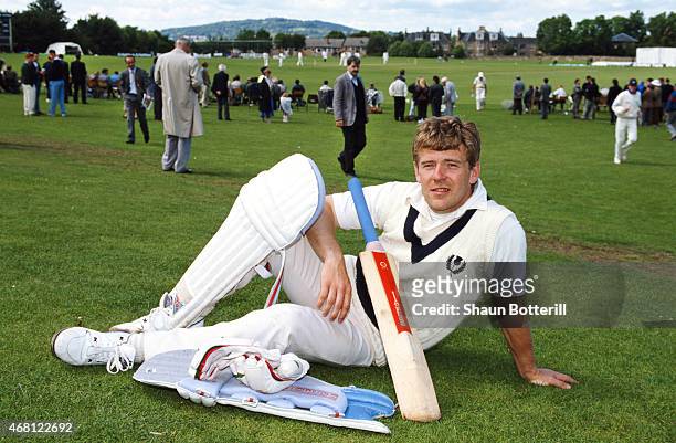 Dual Scotland International player Andy Goram pictured whilst waiting to bat during a NatWest Trophy 1st round match between Scotland and Sussex at...