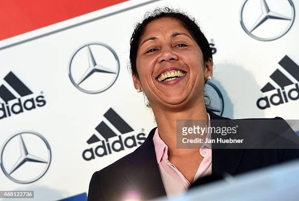 New Germany Women's head coach, from September 2016, Steffi Jones attends a Germany press conference ahead of the FIFA Women's World Cup, at DFB...