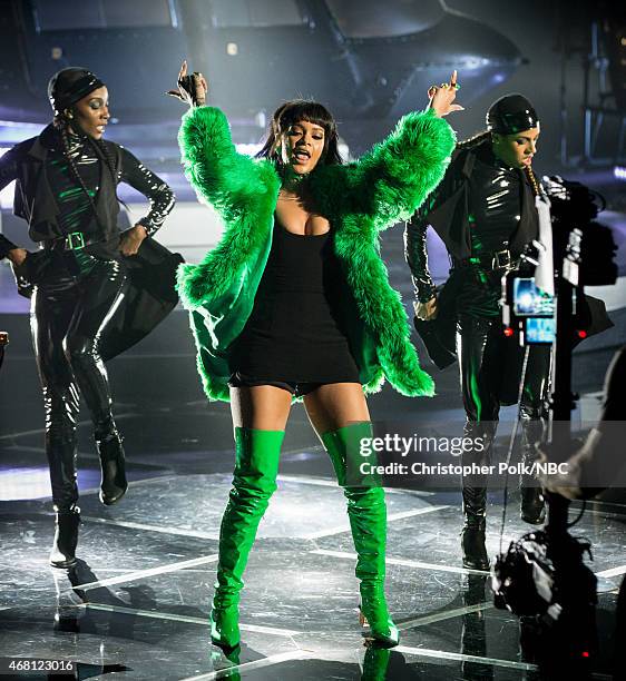 IHEARTRADIO MUSIC AWARDS -- Pictured: Recording artist Rihanna performs onstage at the iHeartRadio Music Awards held at the Shrine Auditorium on...