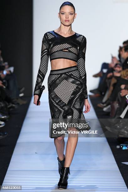 Model walks the runway at the Herve Leger by Max Azria Ready to Wear Fall/Winter 2014-2015 fashion show during New York Fashion Week on February 8,...