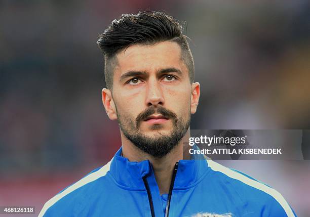 Greek midfielder Panagiotis Kone is seen prior to a Euro 2016 qualifying football match between Hungary and Greece at the Grupama Arena in Budapest...