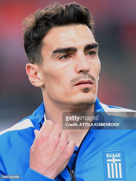 Greek midfielder Lazaros Christodoulopoulos is seen prior to a Euro 2016 qualifying football match between Hungary and Greece at the Grupama Arena in...