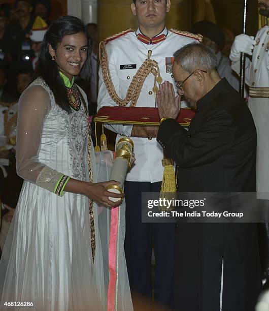 The President, Pranab Mukherjee presenting the Padma Shri award to PV Sindhu, Badminton Player at Rashtrapati Bhavan New Delhi.