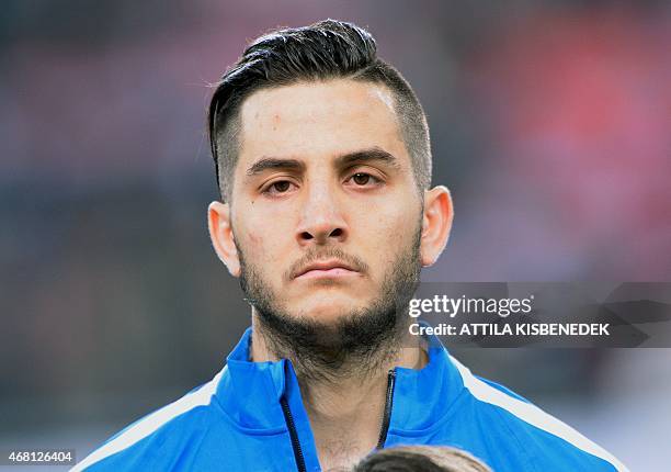Greek midfielder Andreas Samaris is pictured prior to a Euro 2016 qualifying football match between Hungary and Greece at the Grupama Arena in...