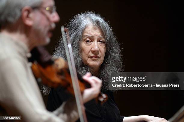 Martha Argerich on piano and Gidon Kremer on violin take their repetition before the concert for the Bologna Festival at Auditorium Manzoni on March...