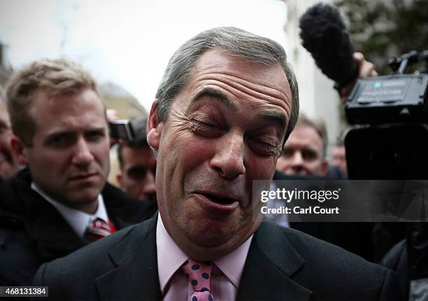 United Kingdom Independence Party leader Nigel Farage speaks to the media after unveiling his party's key election pledges on March 30, 2015 in...