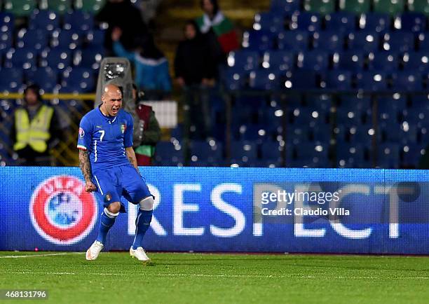 Simone Zaza of Italy celebrates after scoring the first goal during the Euro 2016 Qualifier match between Bulgaria and Italy at Vasil Levski National...