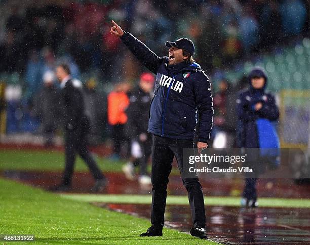 Head coach Italy Antonio Conte reacts during the Euro 2016 Qualifier match between Bulgaria and Italy at Vasil Levski National Stadium on March 28,...