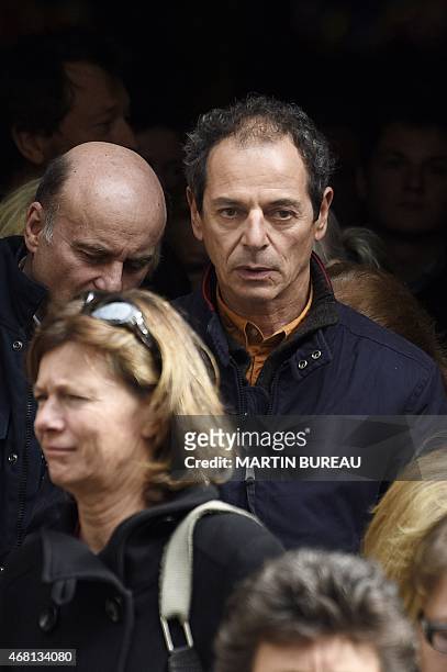 French yachtsman Marc Guillemot leaves Saint-Severin church after the funeral of French sailor Florence Arthaud in Paris on March 30, 2015. The...