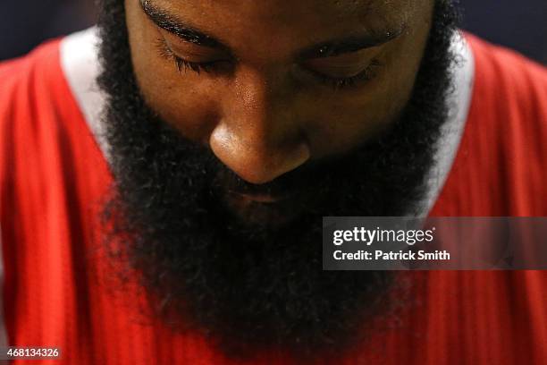 James Harden of the Houston Rockets looks on after defeating the Washington Wizards, 99-91, at Verizon Center on March 29, 2015 in Washington, DC....