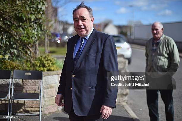 Candidate for the Gordon constituency Alex Salmond during the first day of the British General Election campaign on March 30, 2015 in Ellon,...