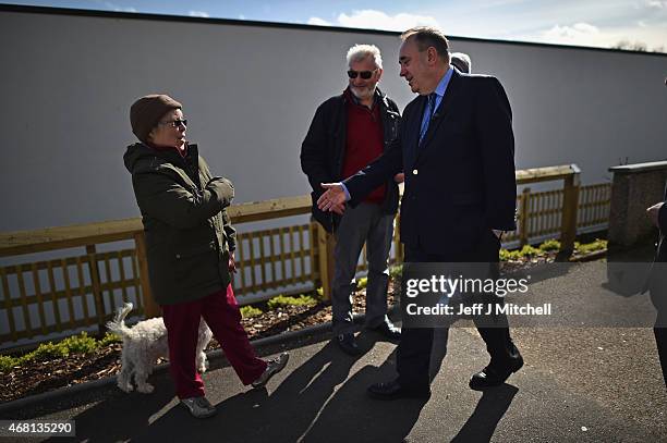 Candidate for the Gordon constituency Alex Salmond meets members of the public during the first day of the British General Election campaign on March...