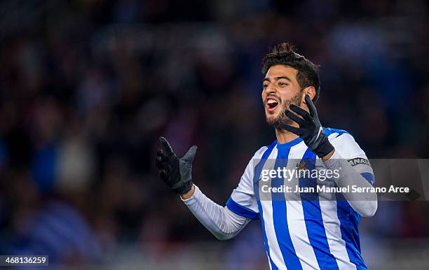 Carlos Vela of Real Sociedad reacts during the La Liga match between Real Sociedad de Futbol and Levante UD at Estadio Anoeta on February 9, 2014 in...