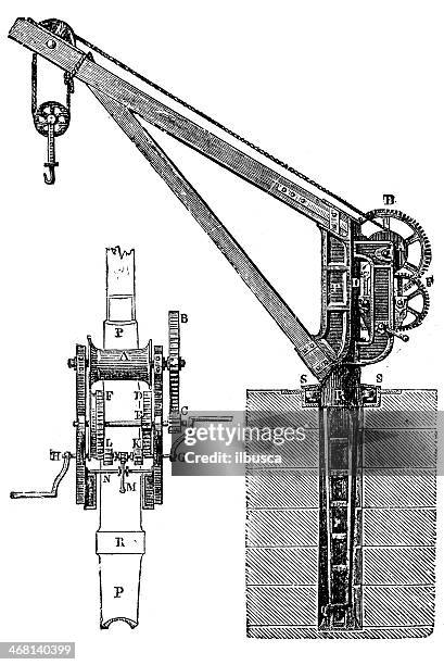 ilustrações, clipart, desenhos animados e ícones de ilustração de guindaste antigo - crane machinery