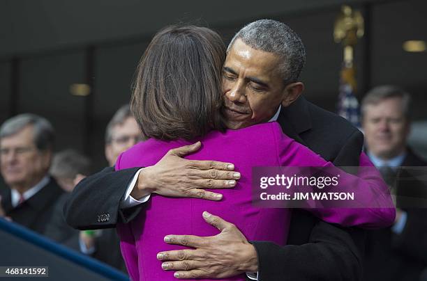 President Barack Obama hugs Victoria Reggie Kennedy , the widow of US Senator Edward Kennedy, during the dedication of the Edward M. Kennedy...