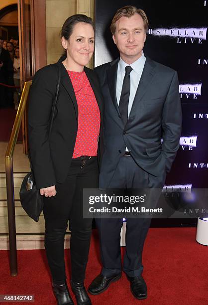 Producer Emma Thomas and director Christopher Nolan attend at a special screening of "Interstellar Live" at Royal Albert Hall on March 30, 2015 in...