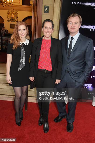 Jessica Chastain, producer Emma Thomas and director Christopher Nolan attend at a special screening of "Interstellar Live" at Royal Albert Hall on...