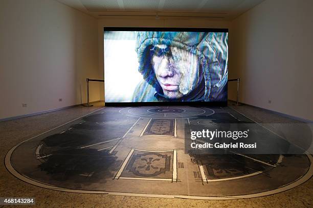 View of a video display at Malvinas e Islas del Atlántico Sur Museum on March 28, 2015 in Buenos Aires, Argentina. On April 02, 1982 Leopoldo...