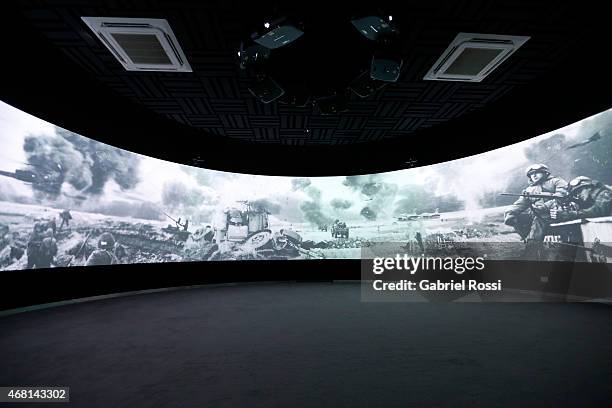 View of a video display at Malvinas e Islas del Atlántico Sur Museum on March 28, 2015 in Buenos Aires, Argentina. On April 02, 1982 Leopoldo...