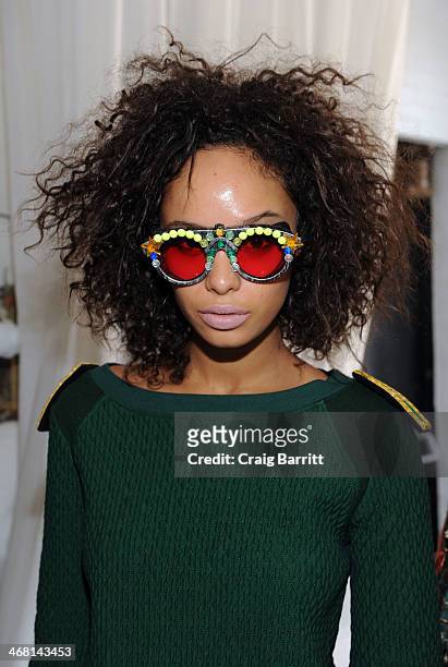 Model poses at the Love By Diego Binetti fall 2014 presentation at The Designer's Loft on February 9, 2014 in New York City.