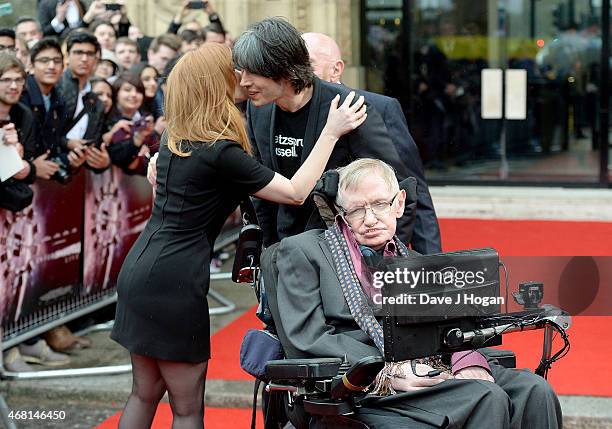 Jessica Chastain, Prof Brian Cox and Prof Stephen Hawking attend "Interstellar Live" at Royal Albert Hall on March 30, 2015 in London, England.